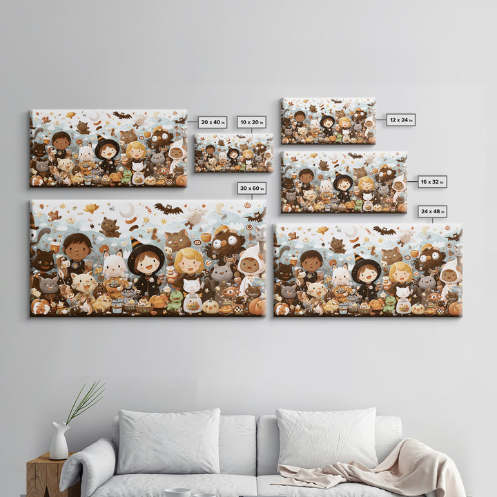 The Friendly Familiar Club, Kawaii Halloween Art, Wide Panoramic Art, Framed Canvas Print, Cute Halloween Wall Art