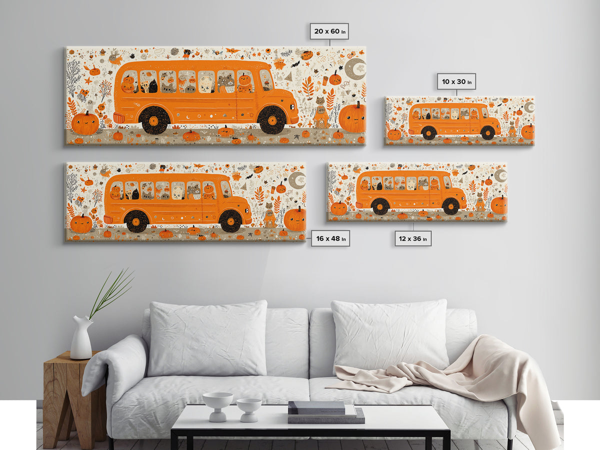 The Pumpkin School Bus, Retro Halloween Art, Extra Wide Wall Art, Canvas Print, Cute Halloween Wall Art