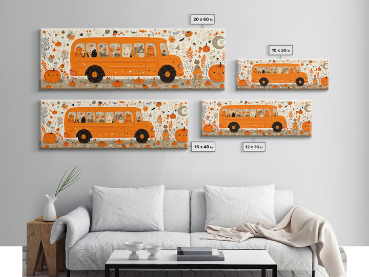 The Pumpkin School Bus, Retro Halloween Art, Extra Wide Wall Art, Canvas Print, Cute Halloween Wall Art