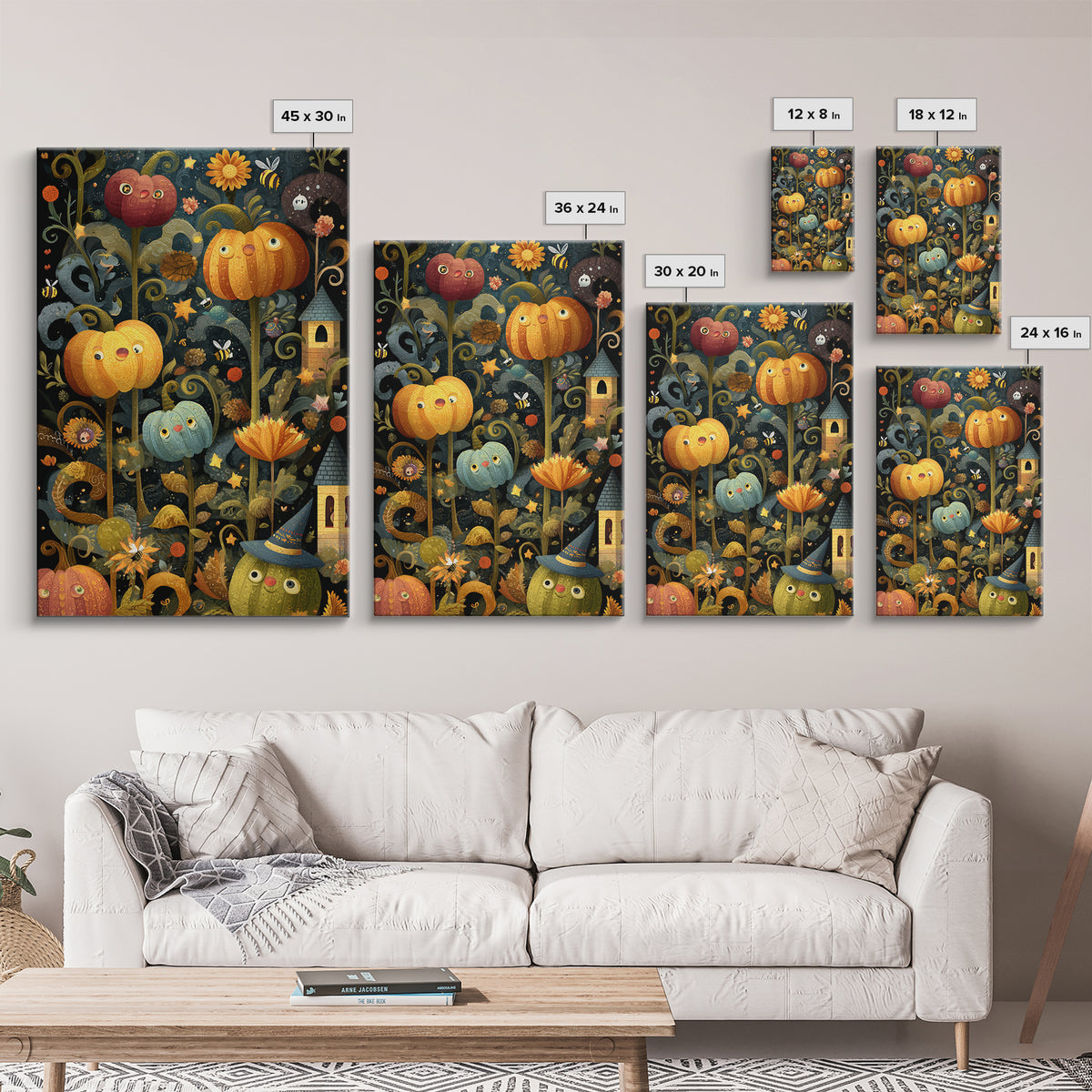 The Pumpkin Flower Garden, Folk Halloween Art, Vertical Wall Art, Canvas Print, Cute Halloween Wall Art