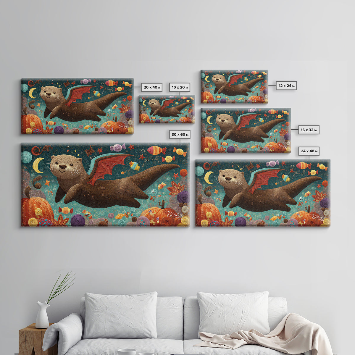 The Bat-Winged Otter, Quilled Halloween Art, Wide Panoramic Art, Framed Canvas Print, Cute Halloween Wall Art