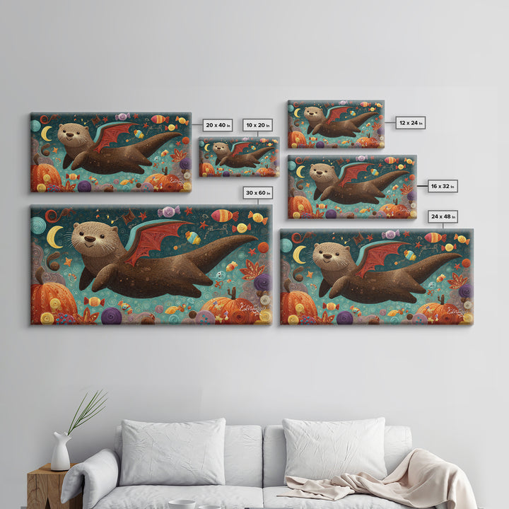 The Bat-Winged Otter, Quilled Halloween Art, Wide Panoramic Art, Framed Canvas Print, Cute Halloween Wall Art