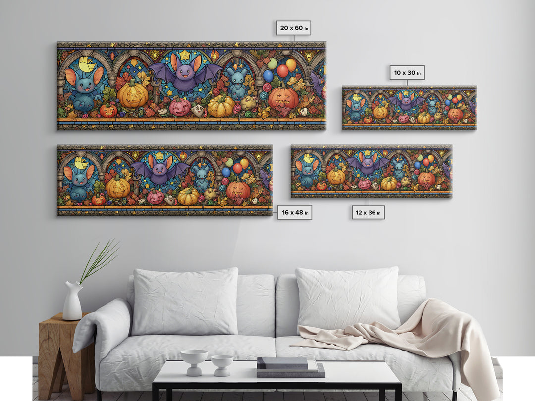 The Bat Balloon Factory, Stained Glass Halloween, Extra Wide Wall Art, Canvas Print, Cute Halloween Wall Art