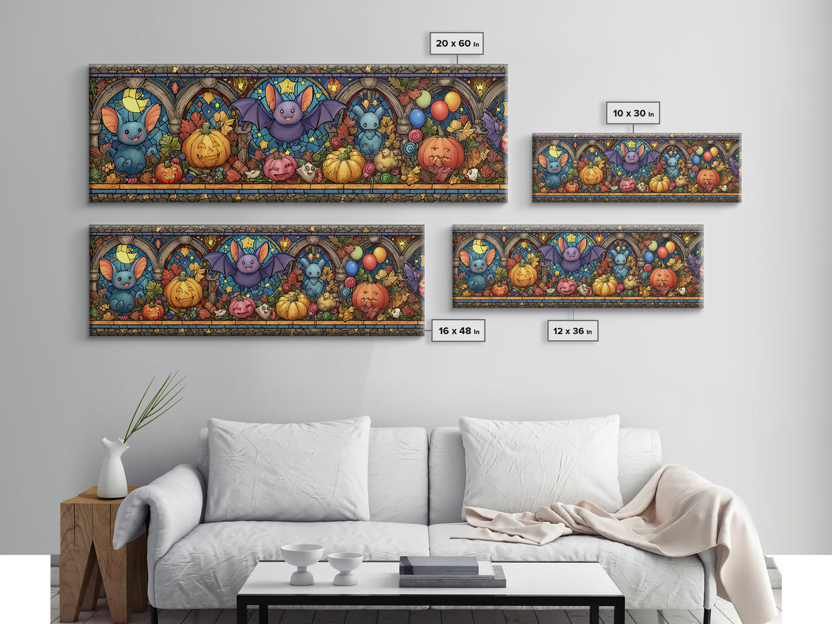 The Bat Balloon Factory, Stained Glass Halloween, Extra Wide Wall Art, Canvas Print, Cute Halloween Wall Art