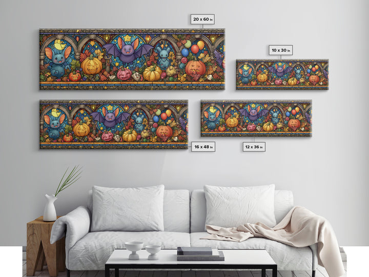 The Bat Balloon Factory, Stained Glass Halloween, Extra Wide Wall Art, Canvas Print, Cute Halloween Wall Art