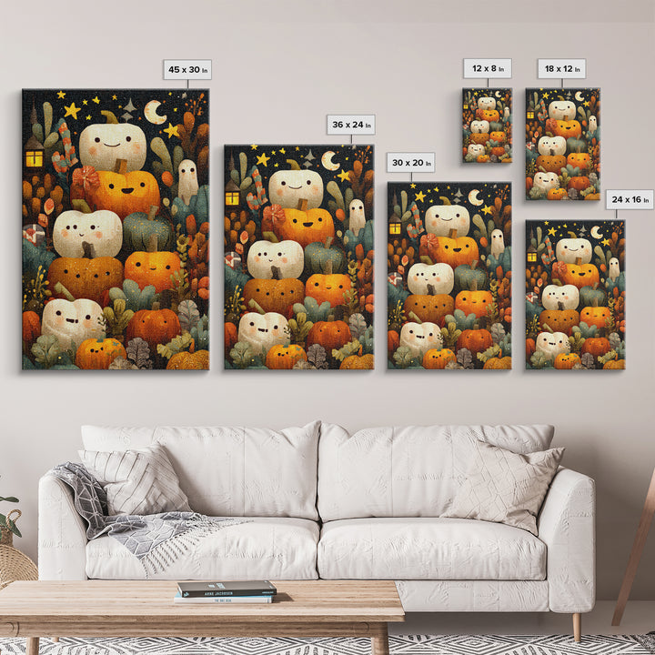 The Pumpkin Painting Party, Pixel Halloween Art, Vertical Wall Art, Canvas Print, Cute Halloween Wall Art