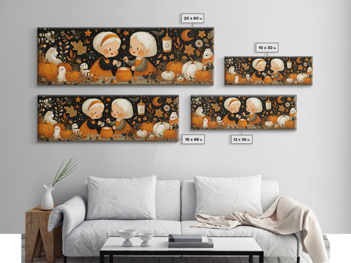The Pumpkin Potion Twins, Gouache Halloween Art, Extra Wide Wall Art, Canvas Print, Cute Halloween Wall Art