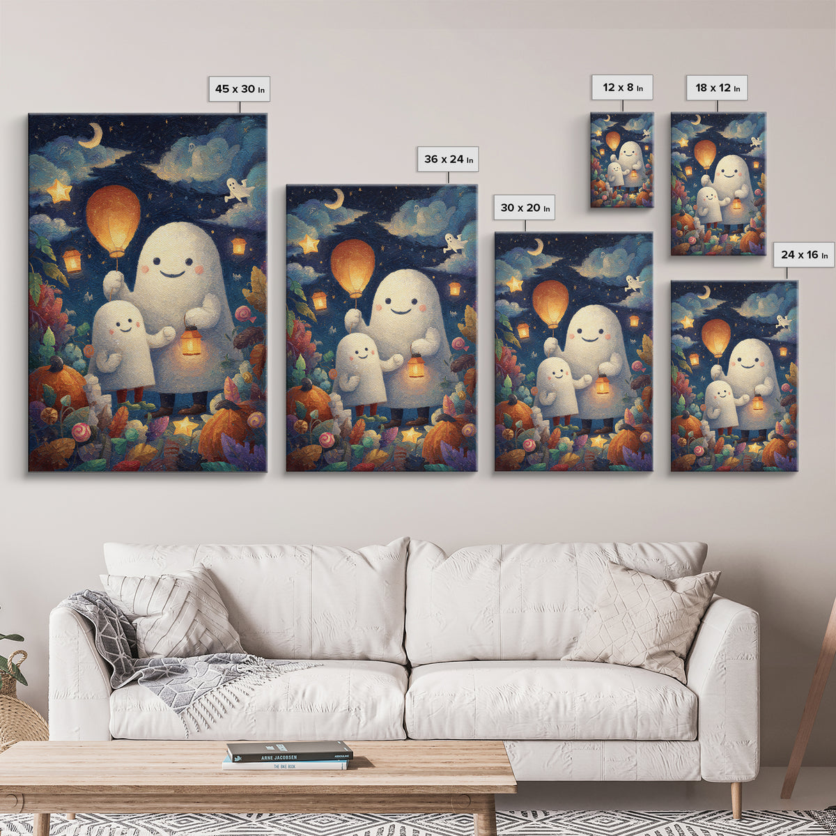 The Ghost Balloon Friend, Pastel Halloween Art, Vertical Wall Art, Canvas Print, Cute Halloween Wall Art