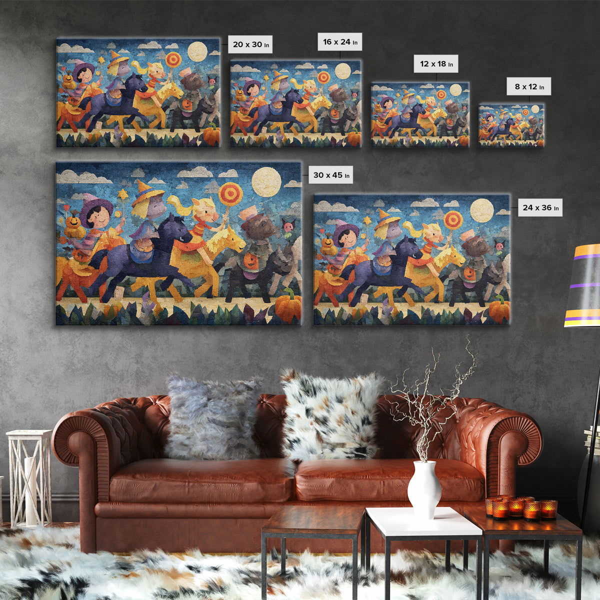 The Halloween Pet Parade, Paper Collage Halloween, Landscape Wall Art, Framed Canvas Print, Cute Halloween Wall Art