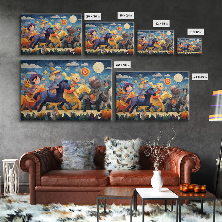 The Halloween Pet Parade, Paper Collage Halloween, Landscape Wall Art, Framed Canvas Print, Cute Halloween Wall Art