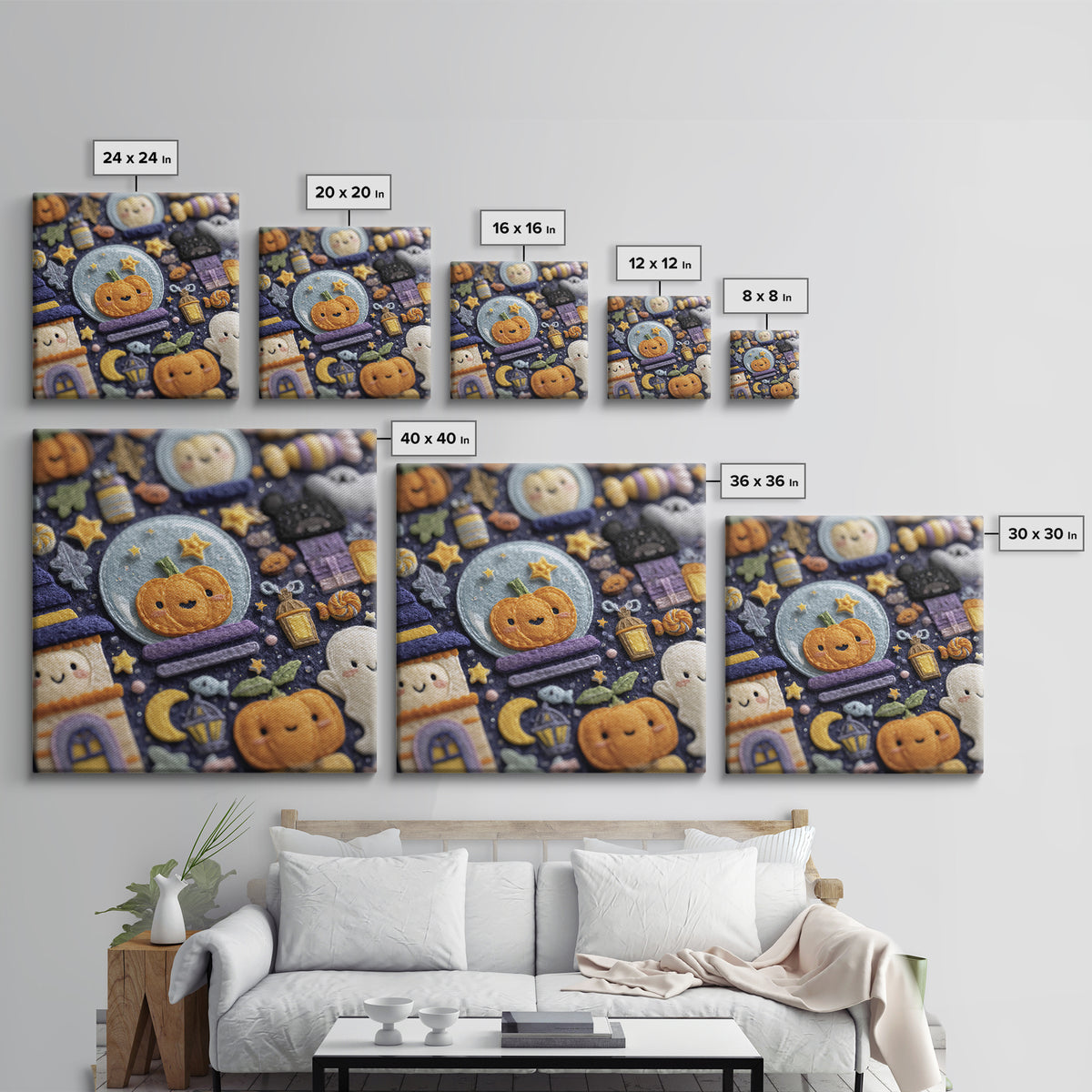 The Halloween Bubble Village, Felt Halloween Art, Square Wall Art, Canvas Print, Cute Halloween Wall Art