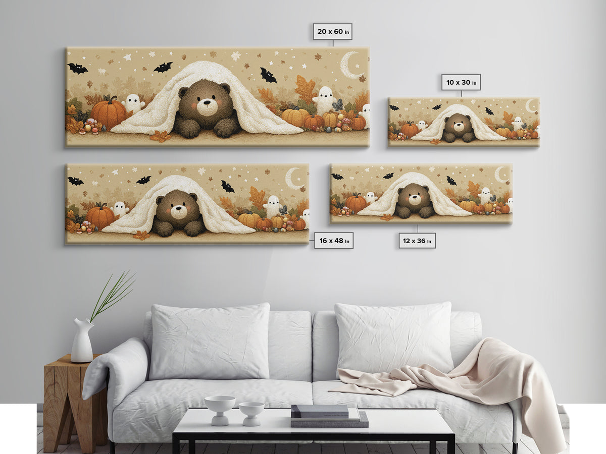 The Bear Cub Ghost, Plush Halloween Art, Extra Wide Wall Art, Canvas Print, Cute Halloween Wall Art, Cozy Autumn Kids Decor
