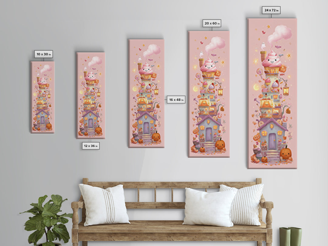 The Witch'S Cupcake Cottage, Kawaii Halloween Art, Tall Narrow Wall Art, Framed Canvas Print, Cute Halloween Wall Art