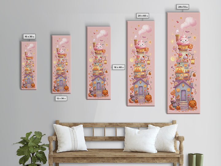 The Witch'S Cupcake Cottage, Kawaii Halloween Art, Tall Narrow Wall Art, Framed Canvas Print, Cute Halloween Wall Art