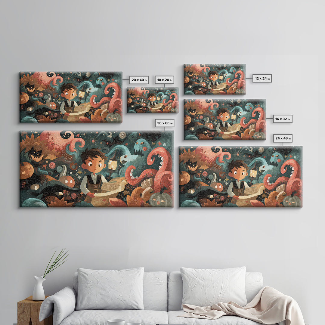 The Mapmaker Of Impossible Shores, Linocut Halloween Art, Wide Panoramic Art, Framed Canvas Print, Cute Halloween Wall Art