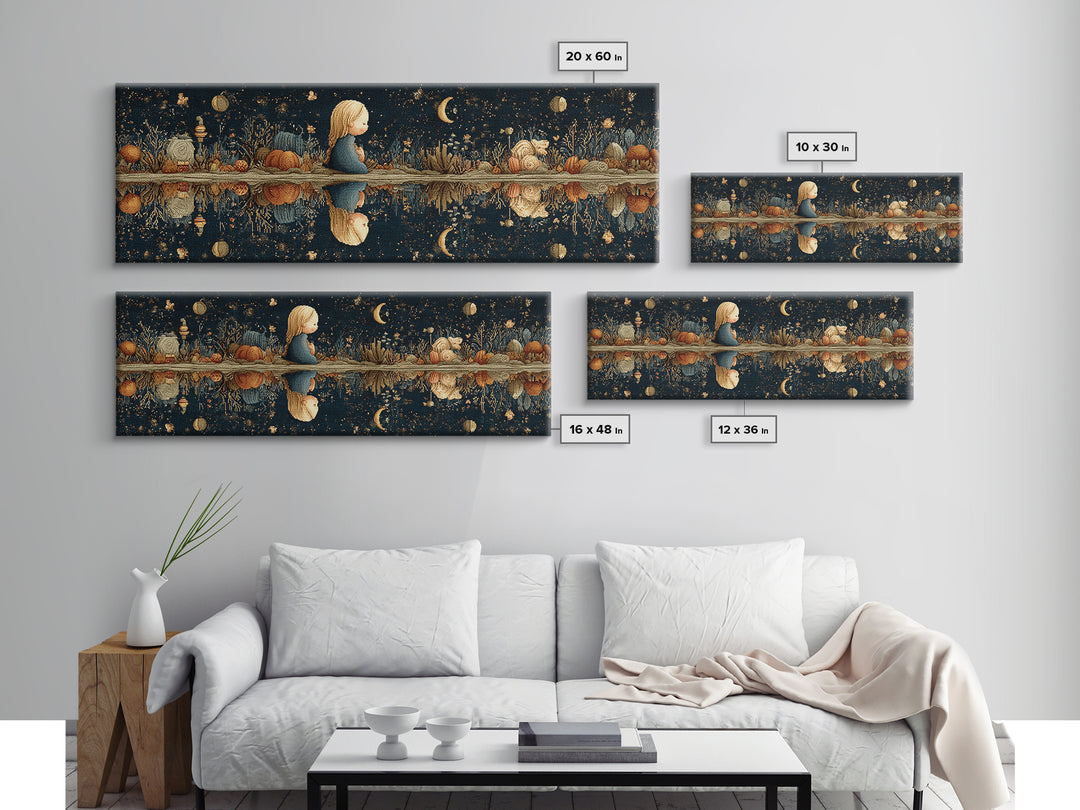 The Mirror Lake Of Lost Constellations, Embroidered Halloween Art, Extra Wide Wall Art, Canvas Print, Cute Halloween Wall Art