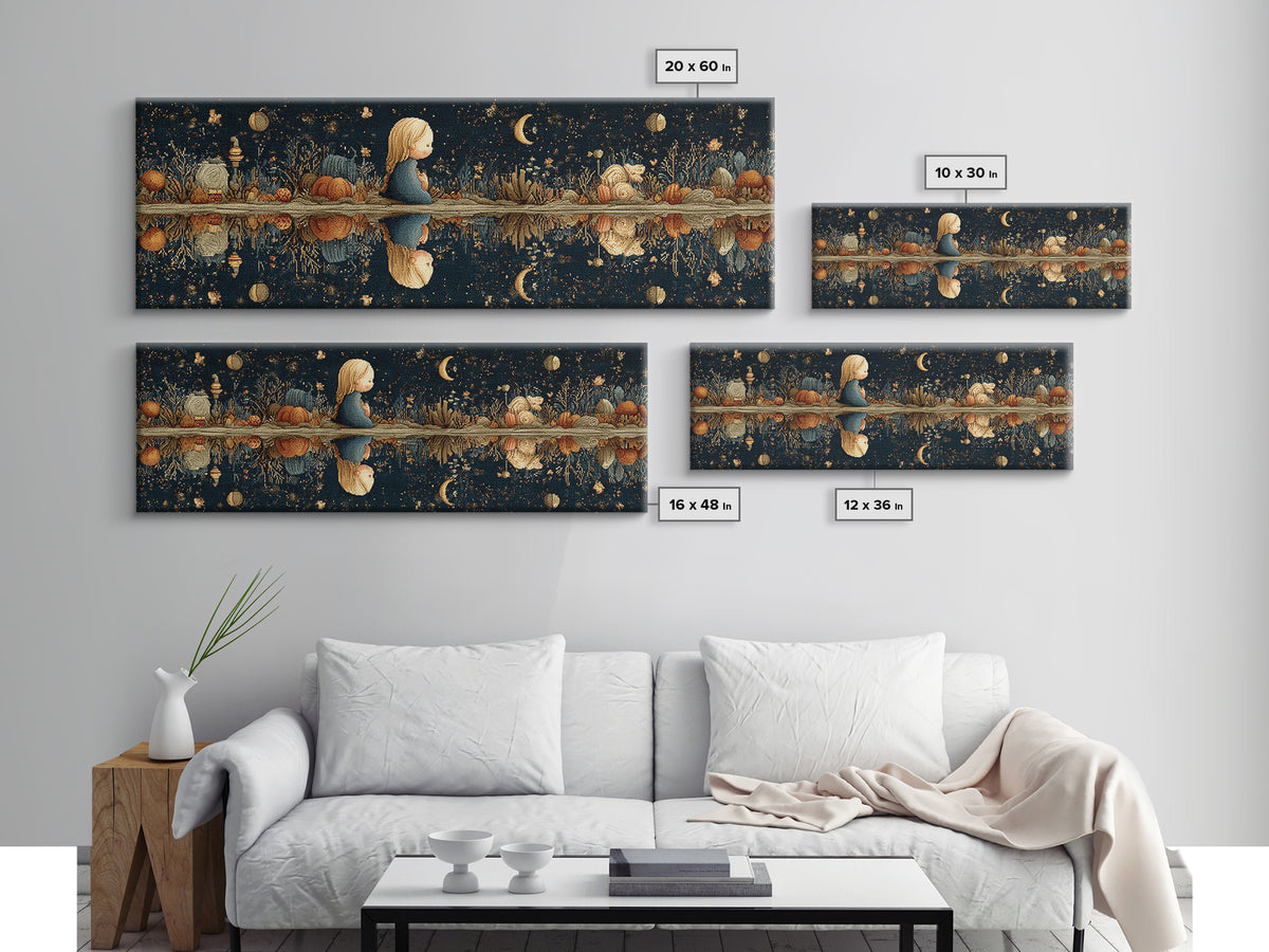 The Mirror Lake Of Lost Constellations, Embroidered Halloween Art, Extra Wide Wall Art, Canvas Print, Cute Halloween Wall Art