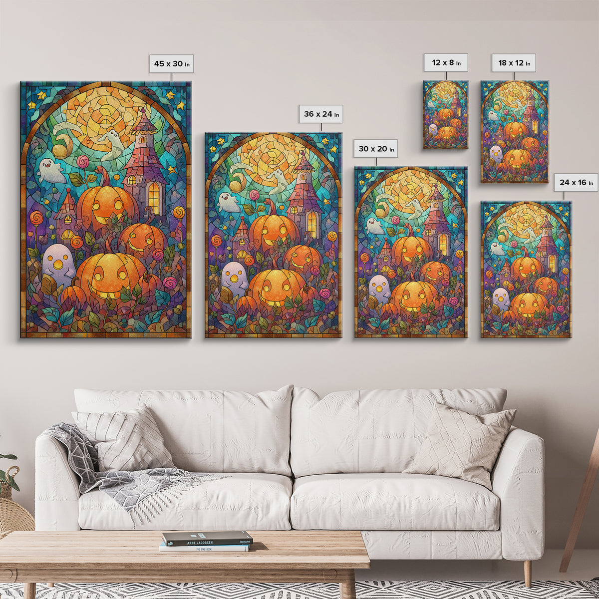 The Starry Pumpkin Farm, Stained Glass Halloween, Vertical Wall Art, Canvas Print, Cute Halloween Wall Art