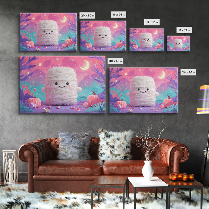 The Popcorn Mummy, Vaporwave Halloween Art, Landscape Wall Art, Framed Canvas Print, Cute Halloween Wall Art