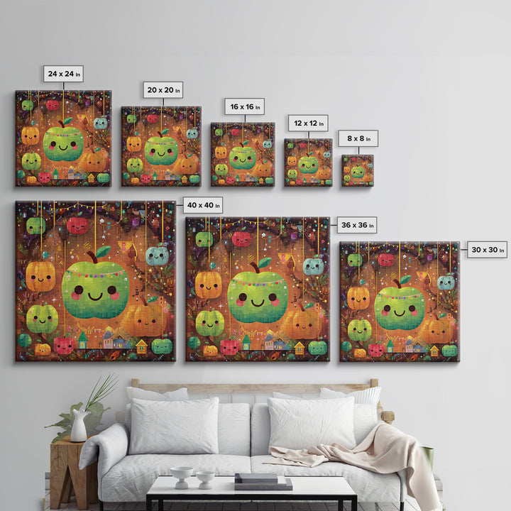 The Candy Apple Dance, Pixel Halloween Art, Square Wall Art, Canvas Print, Cute Halloween Wall Art, Halloween Kids Decor