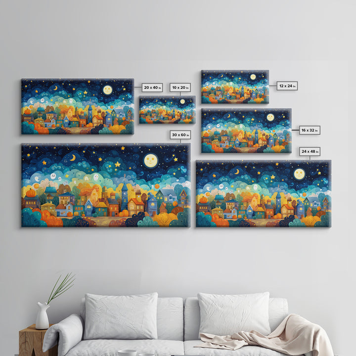 The Rainbow Halloween Night, Vector Halloween Art, Wide Panoramic Art, Framed Canvas Print, Cute Halloween Wall Art