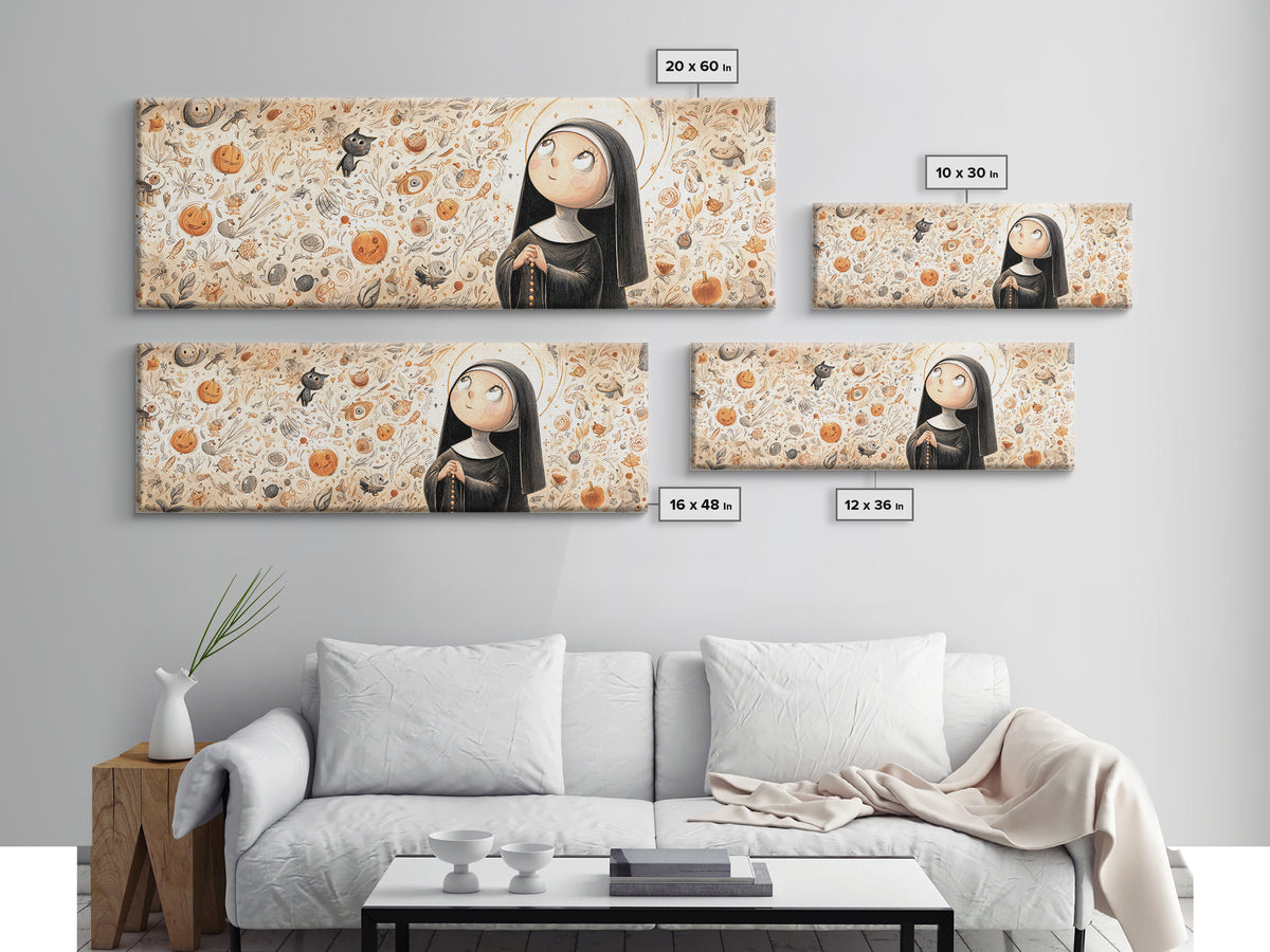 The Nun Of The Endless Constellation, Hand Sketch Halloween Art, Extra Wide Wall Art, Canvas Print, Cute Halloween Wall Art, Storybook Decor