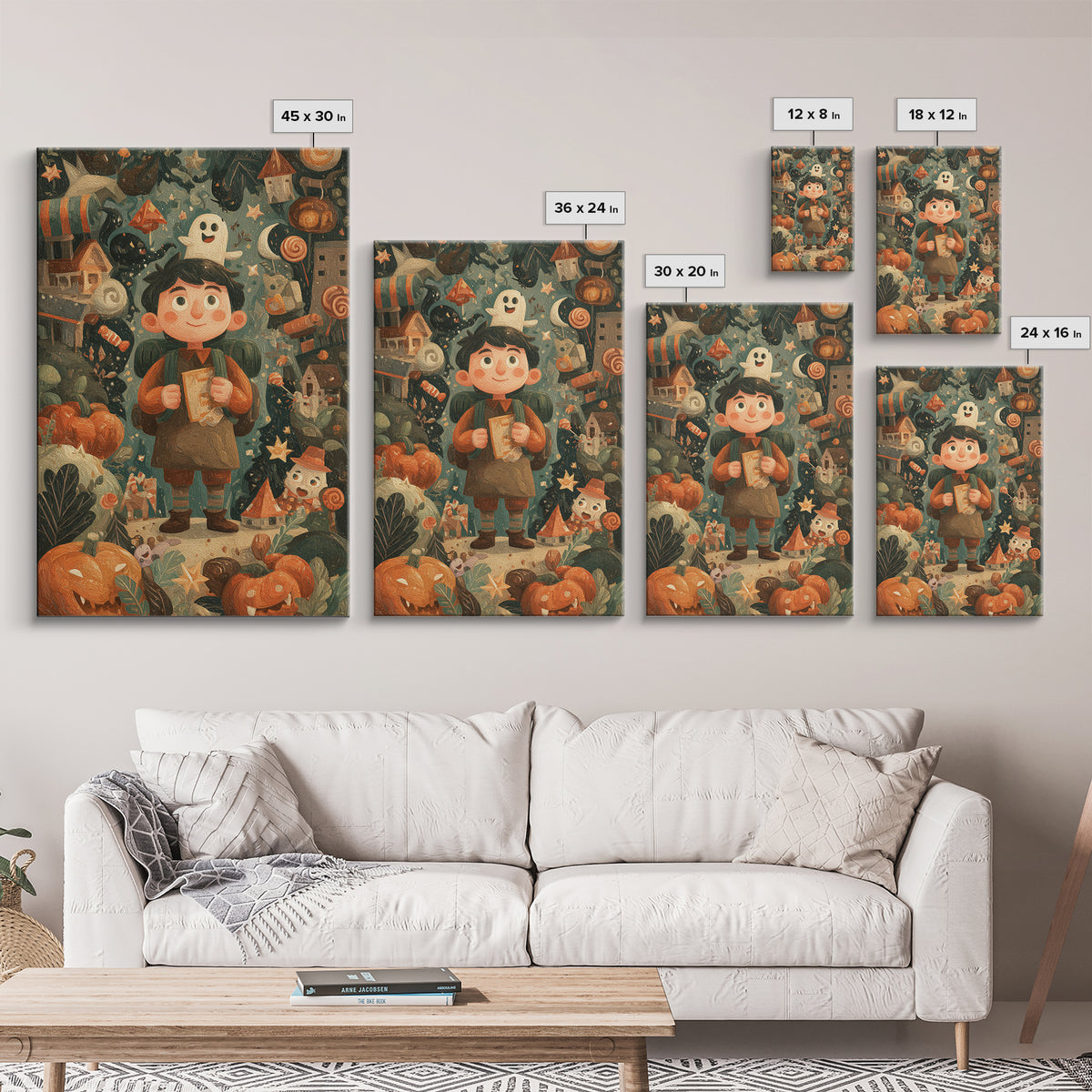 The Candy Map Adventurers, Gouache Halloween Art, Vertical Wall Art, Canvas Print, Cute Halloween Wall Art
