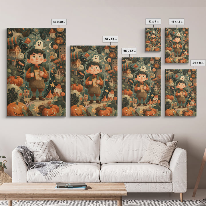 The Candy Map Adventurers, Gouache Halloween Art, Vertical Wall Art, Canvas Print, Cute Halloween Wall Art