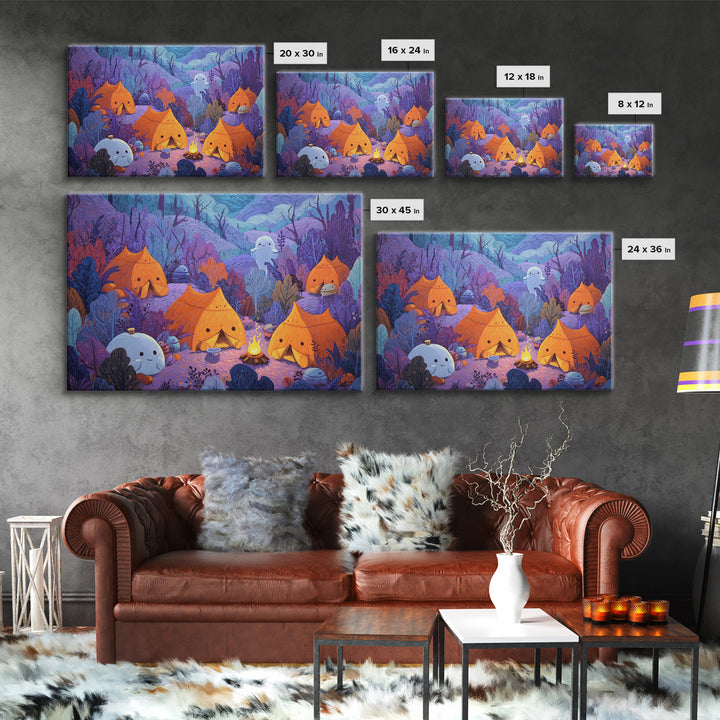 The Pumpkin Campout, Crayon Halloween Art, Landscape Wall Art, Framed Canvas Print, Cute Halloween Wall Art