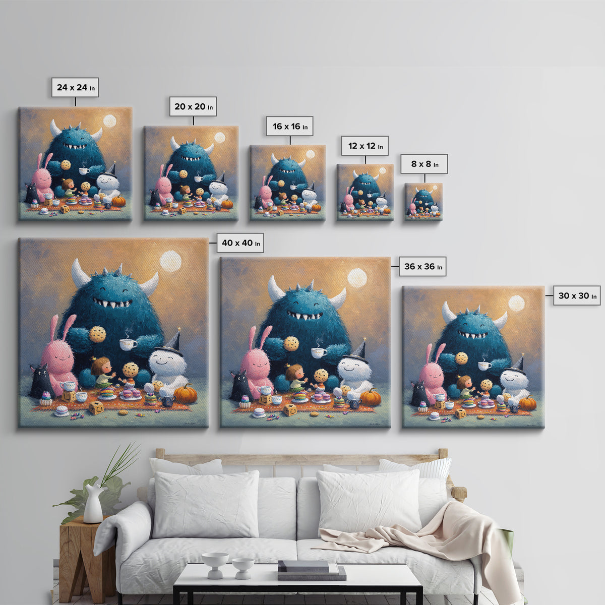 The Monster Under The Bed Tea Party, Pastel Halloween Art, Square Wall Art, Canvas Print, Cute Halloween Wall Art