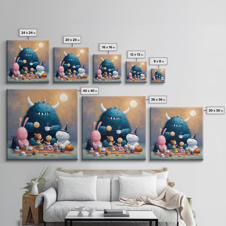 The Monster Under The Bed Tea Party, Pastel Halloween Art, Square Wall Art, Canvas Print, Cute Halloween Wall Art