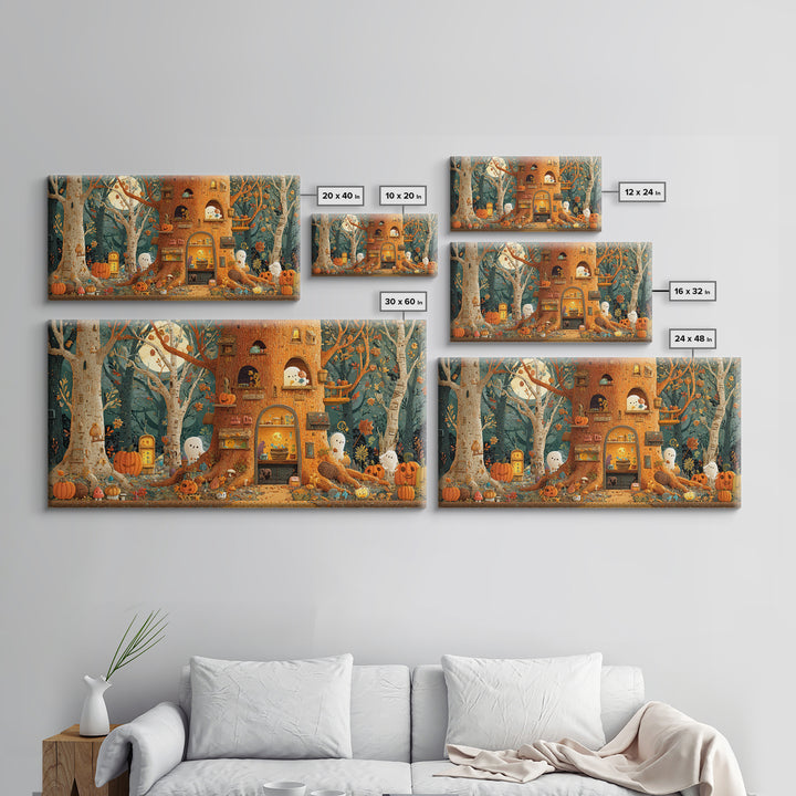 The Cozy Hollow Tree, Paper Collage Halloween, Wide Panoramic Art, Framed Canvas Print, Cute Halloween Wall Art