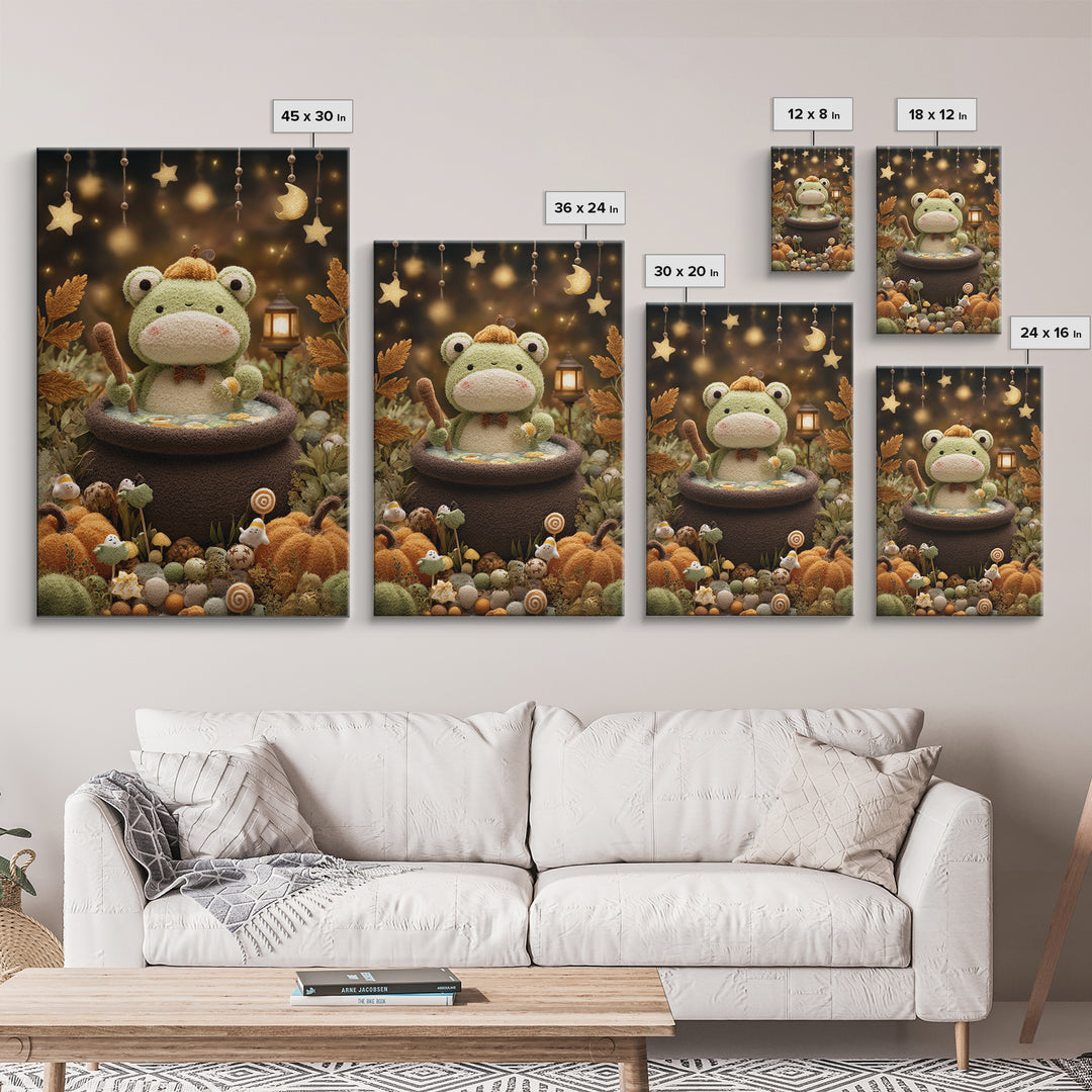 The Cauldron Frog, Plush Halloween Art, Vertical Wall Art, Canvas Print, Cute Halloween Wall Art, Whimsical Nursery Decor