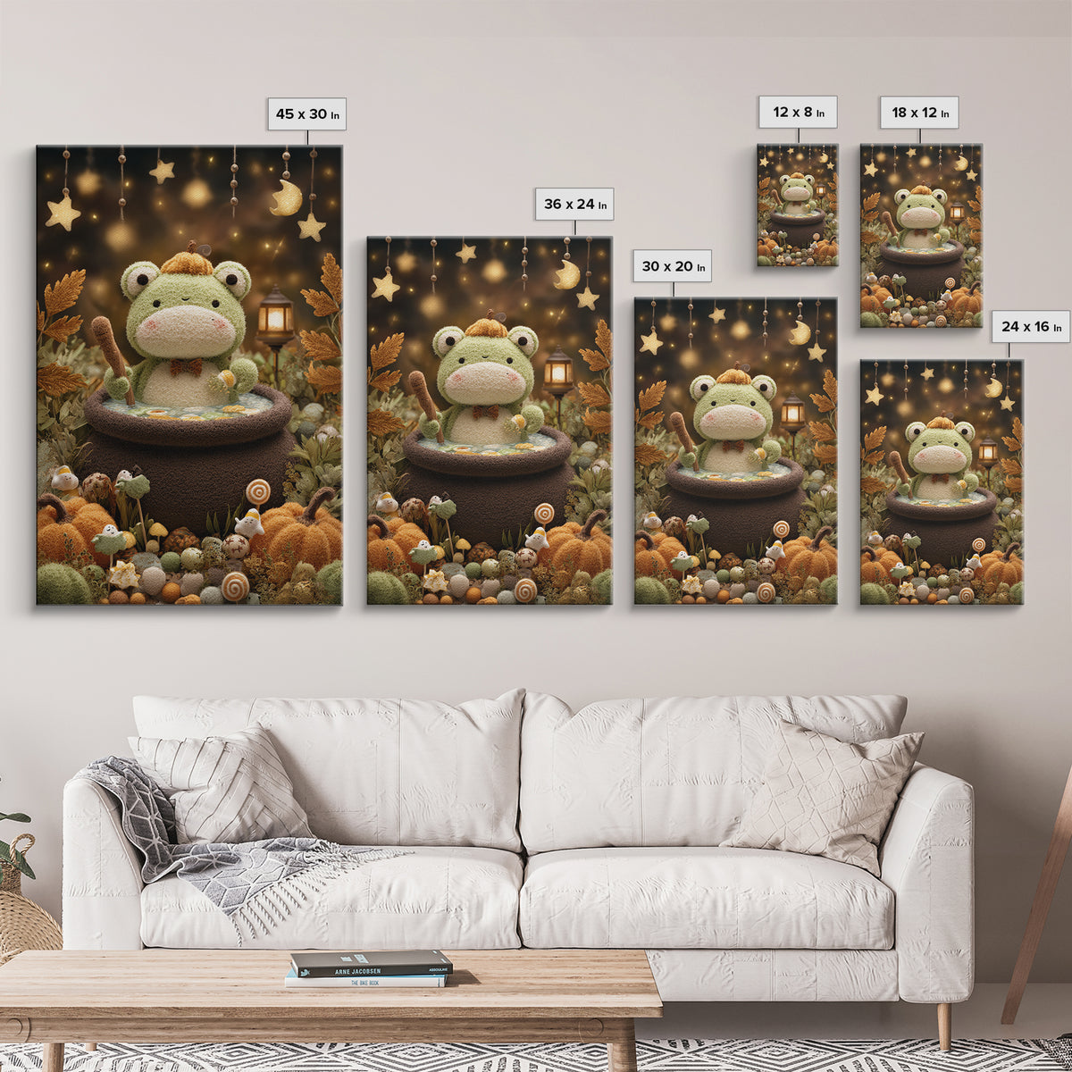 The Cauldron Frog, Plush Halloween Art, Vertical Wall Art, Canvas Print, Cute Halloween Wall Art, Whimsical Nursery Decor