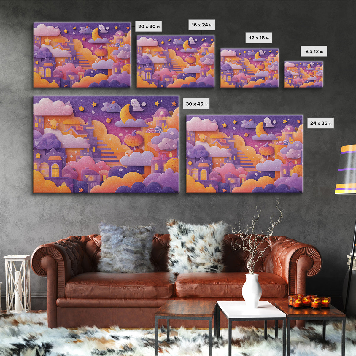 The Halloween Cloud Kingdom, Kawaii Halloween Art, Landscape Wall Art, Framed Canvas Print, Cute Halloween Wall Art