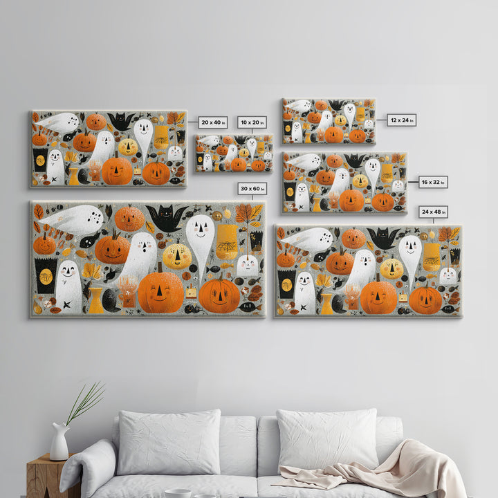 The Halloween Craft Table, Screenprint Halloween Art, Wide Panoramic Art, Framed Canvas Print, Cute Halloween Wall Art