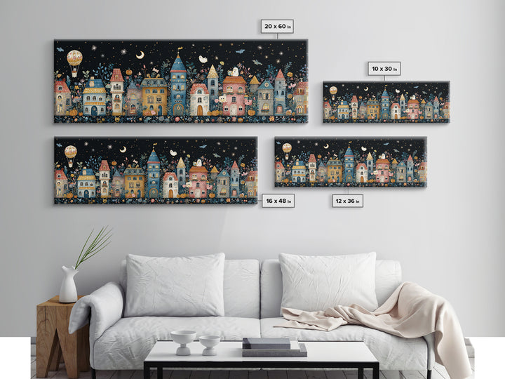 The Ghost Balloon City, Folk Halloween Art, Extra Wide Wall Art, Canvas Print, Cute Halloween Wall Art