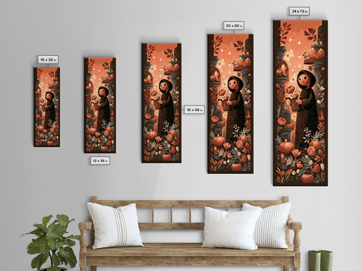 The Grave Gardener Of Yuggoth, Linocut Halloween Art, Tall Narrow Wall Art, Framed Canvas Print, Cute Halloween Wall Art