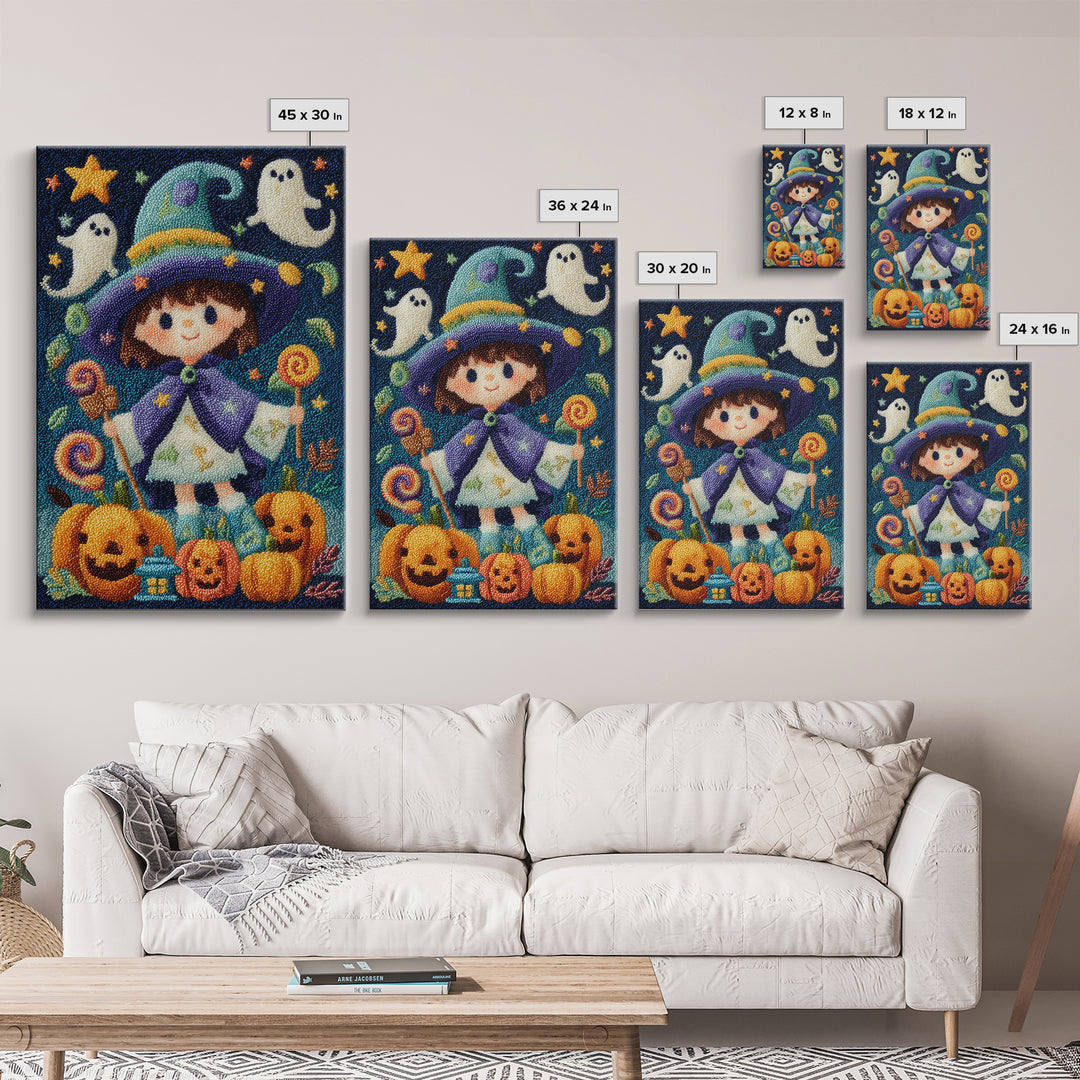 The Star-Cape Magician, Embroidered Halloween Art, Vertical Wall Art, Canvas Print, Cute Halloween Wall Art