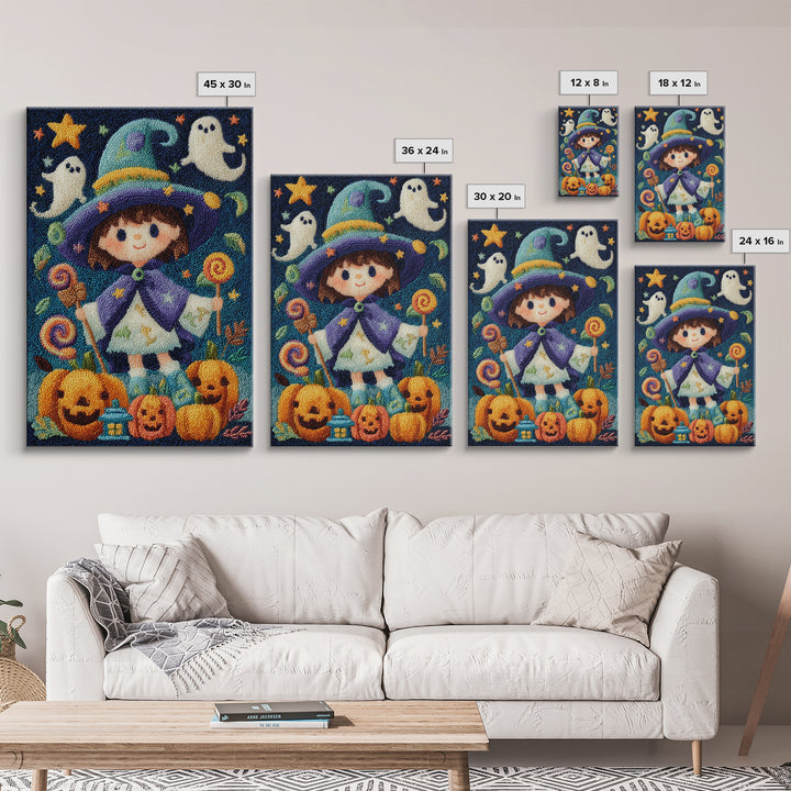 The Star-Cape Magician, Embroidered Halloween Art, Vertical Wall Art, Canvas Print, Cute Halloween Wall Art