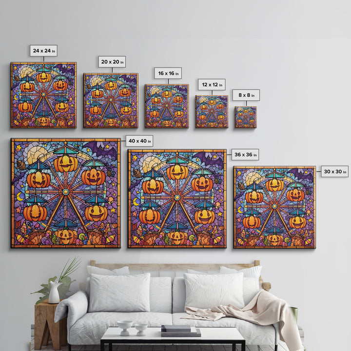 The Pumpkin Ferris Wheel, Stained Glass Halloween, Square Wall Art, Canvas Print, Cute Halloween Wall Art