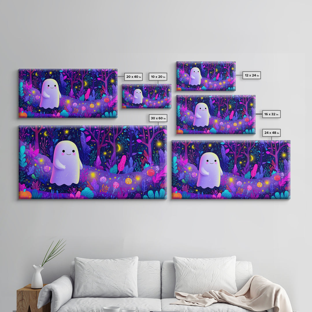 The Ghost And Firefly Friends, Vaporwave Halloween Art, Wide Panoramic Art, Framed Canvas Print, Cute Halloween Wall Art
