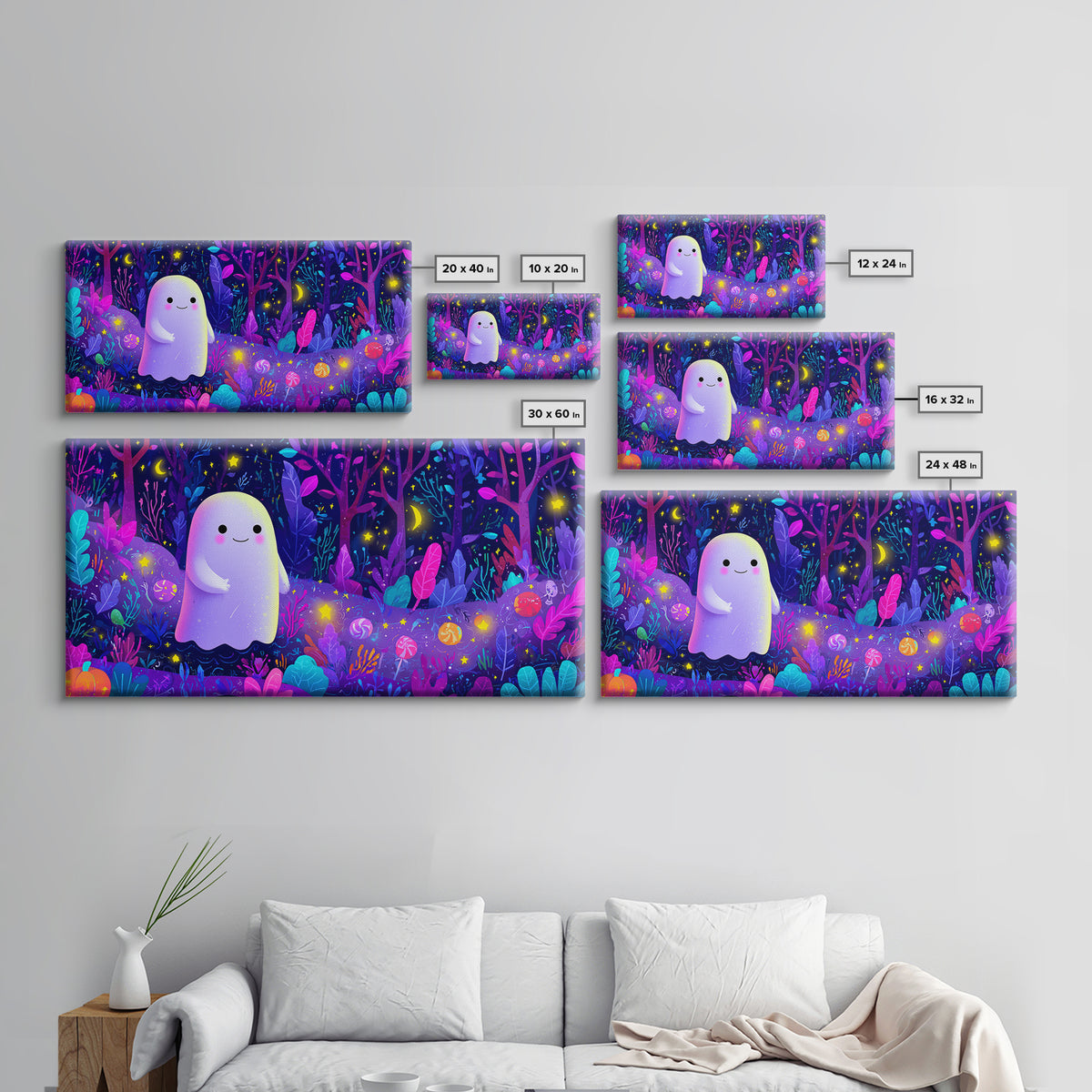 The Ghost And Firefly Friends, Vaporwave Halloween Art, Wide Panoramic Art, Framed Canvas Print, Cute Halloween Wall Art