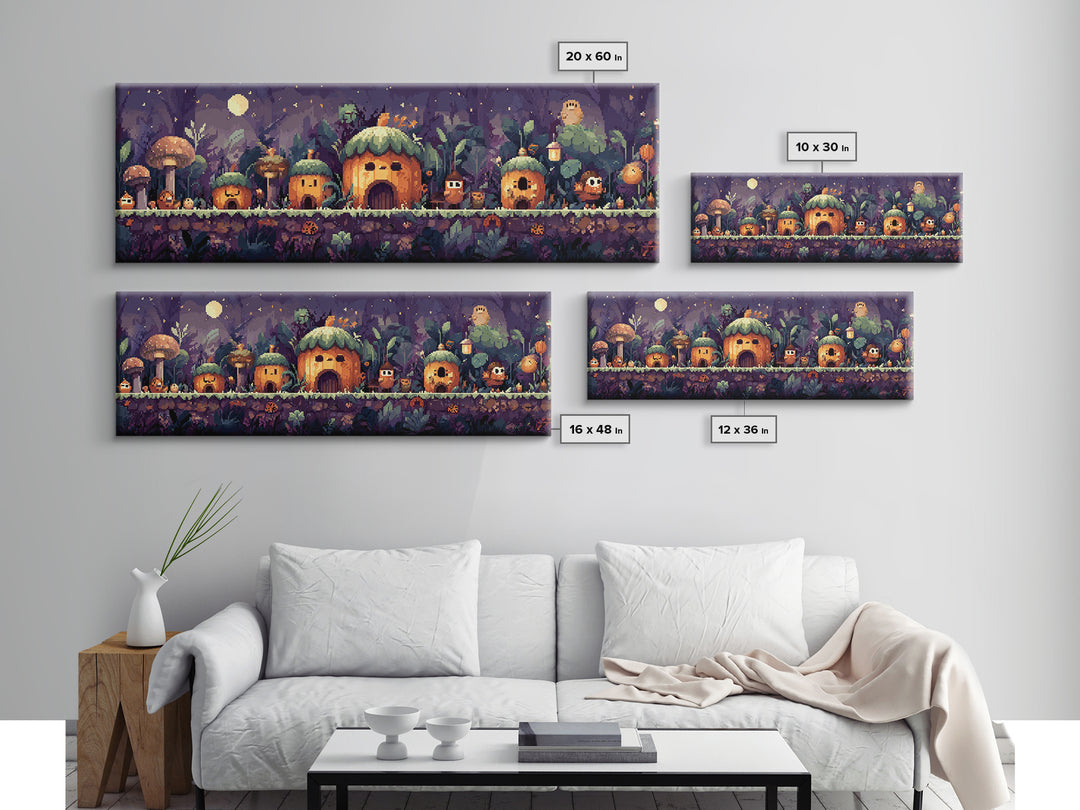 The Moonlit Acorn Village, Pixel Halloween Art, Extra Wide Wall Art, Canvas Print, Cute Halloween Wall Art