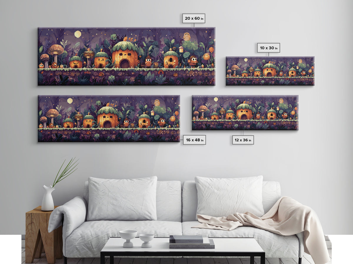 The Moonlit Acorn Village, Pixel Halloween Art, Extra Wide Wall Art, Canvas Print, Cute Halloween Wall Art