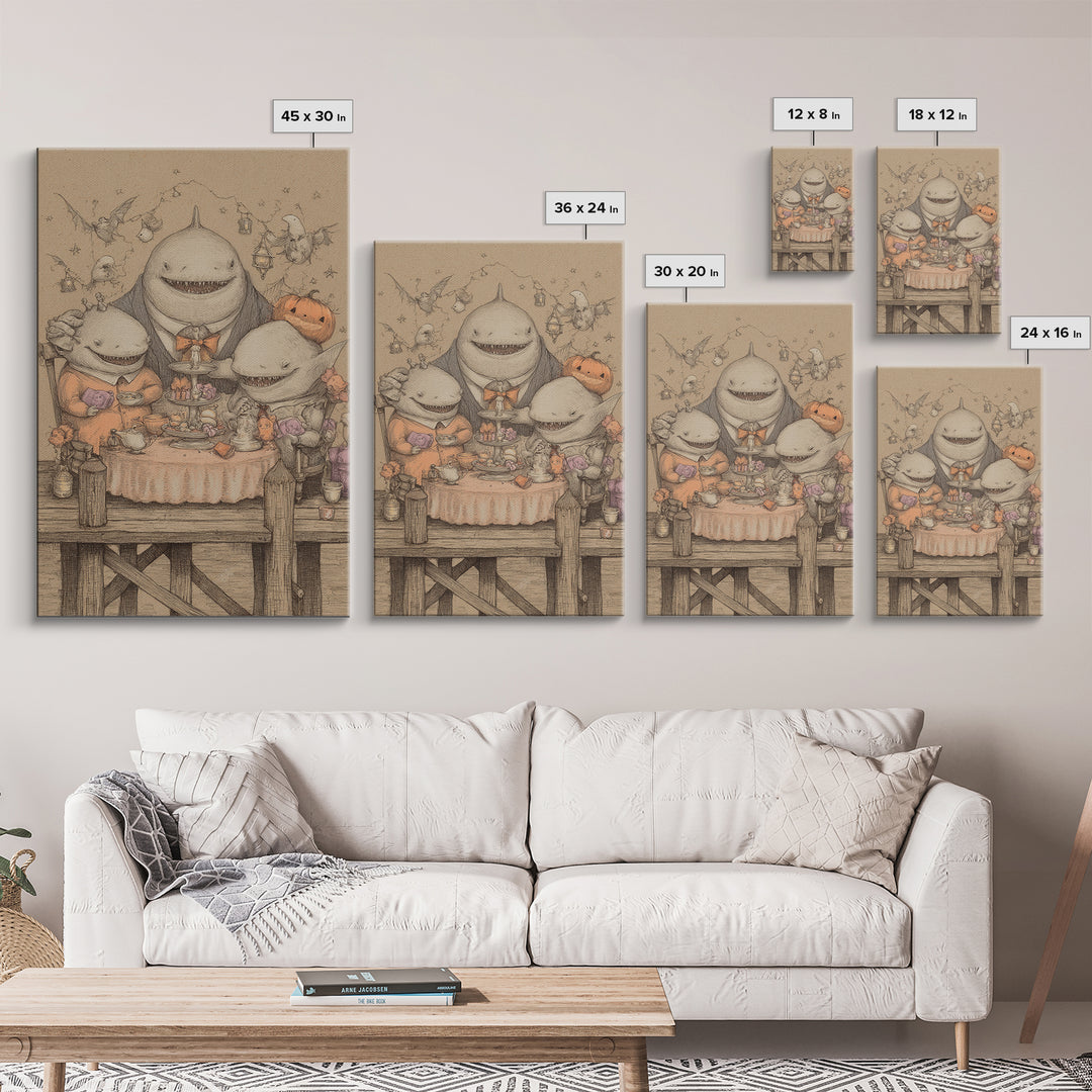 The Tea Party At Innsmouth Pier, Hand Sketch Halloween Art, Vertical Wall Art, Canvas Print, Cute Halloween Wall Art