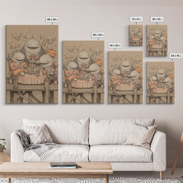 The Tea Party At Innsmouth Pier, Hand Sketch Halloween Art, Vertical Wall Art, Canvas Print, Cute Halloween Wall Art
