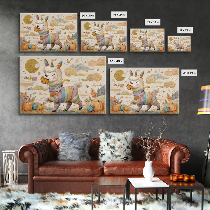 The Llama Mummy, Watercolor Halloween Art, Landscape Wall Art, Framed Canvas Print, Cute Halloween Wall Art