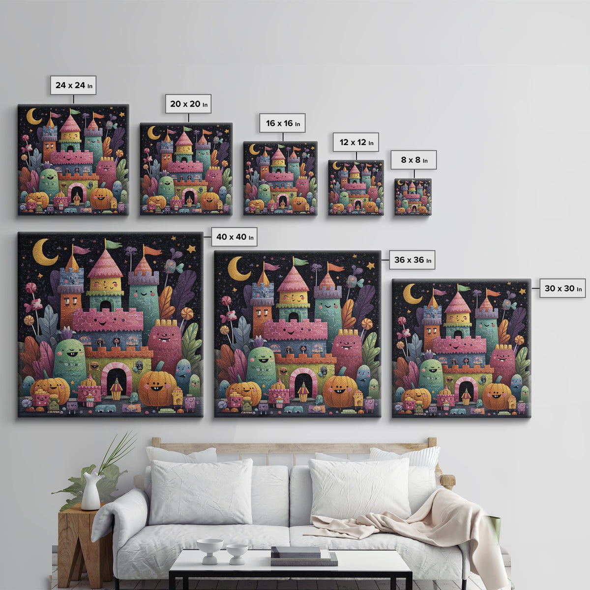 The Candy Castle, Gouache Halloween Art, Square Wall Art, Canvas Print, Cute Halloween Wall Art, Halloween Kids Decor, Storybook Decor
