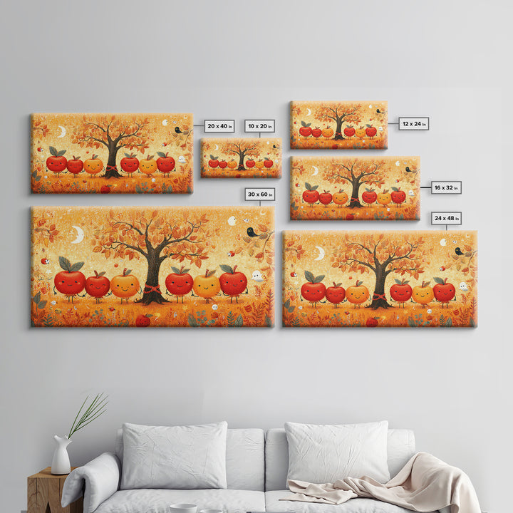 The Caramel Apple Friends, Crayon Halloween Art, Wide Panoramic Art, Framed Canvas Print, Cute Halloween Wall Art